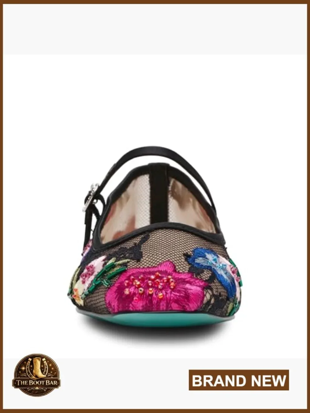 Floral Embroidered Ballet Flat with Ankle Strap and Buckle Closure